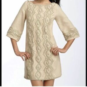 ECI ~ Beige New York Linen Shift Dress with Chunky Embroidery ~ Size 2